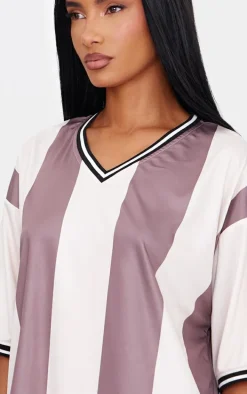 Brown Striped V Neck Oversized Football T Shirt