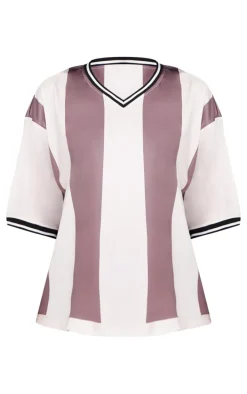 Brown Striped V Neck Oversized Football T Shirt