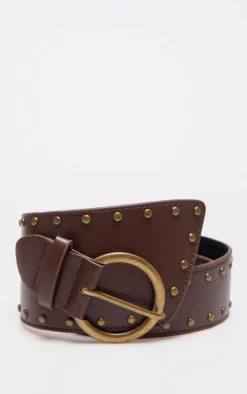Brown Stud Detail Cross Over Buckle Waist Belt