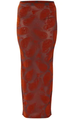 Brown Swirl Devore Mesh Maxi Skirt