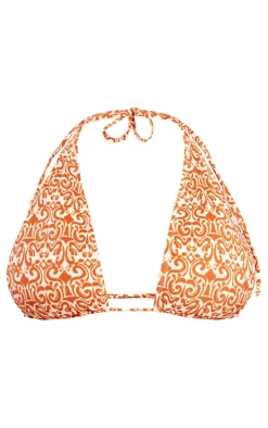 Brown Swirl Outline Print Fuller Bust Triangle Bikini Top