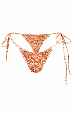 Brown Swirl Outline Print Tie Side Bikini Bottoms