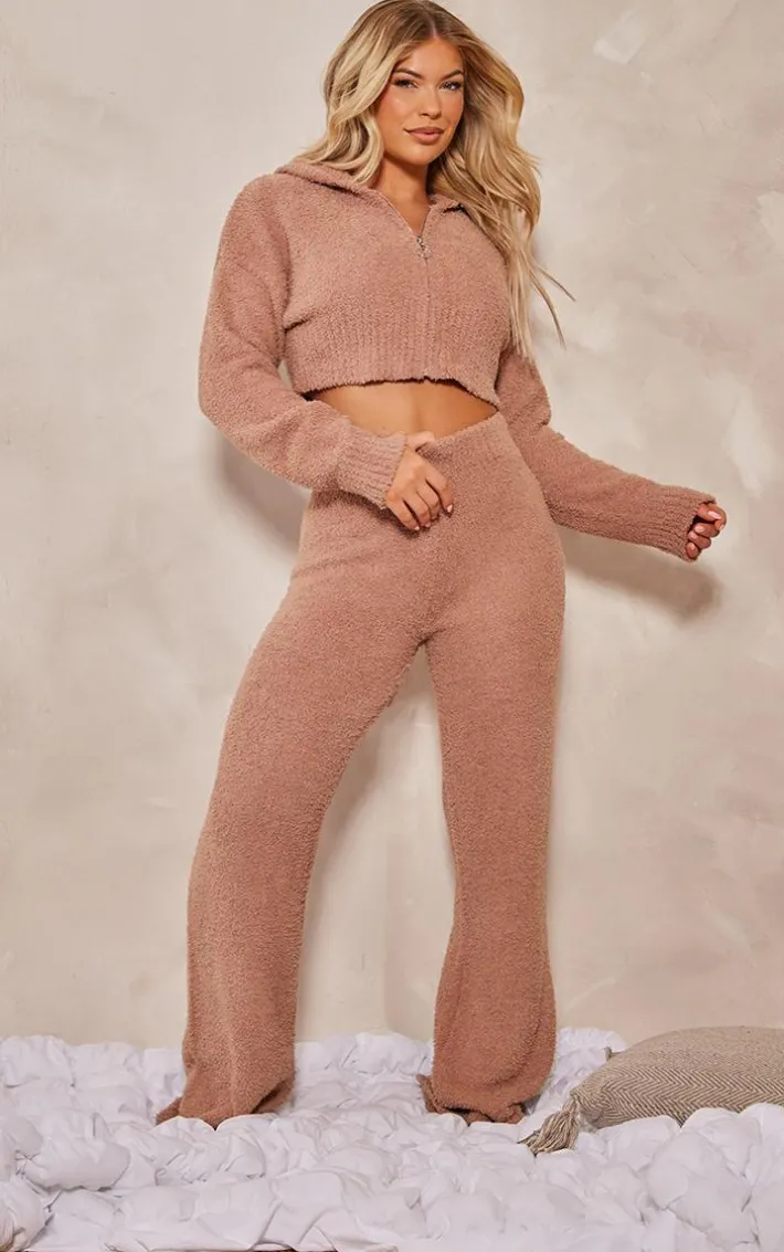 Brown Teddy Knit Cropped Zip Hoodie