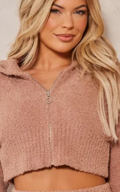 Brown Teddy Knit Cropped Zip Hoodie