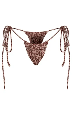 Brown Textured Detail Tie Side Bikini Bottoms