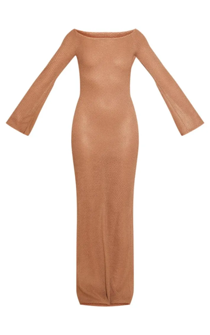 Brown Textured Flare Sleeve Maxi Dress