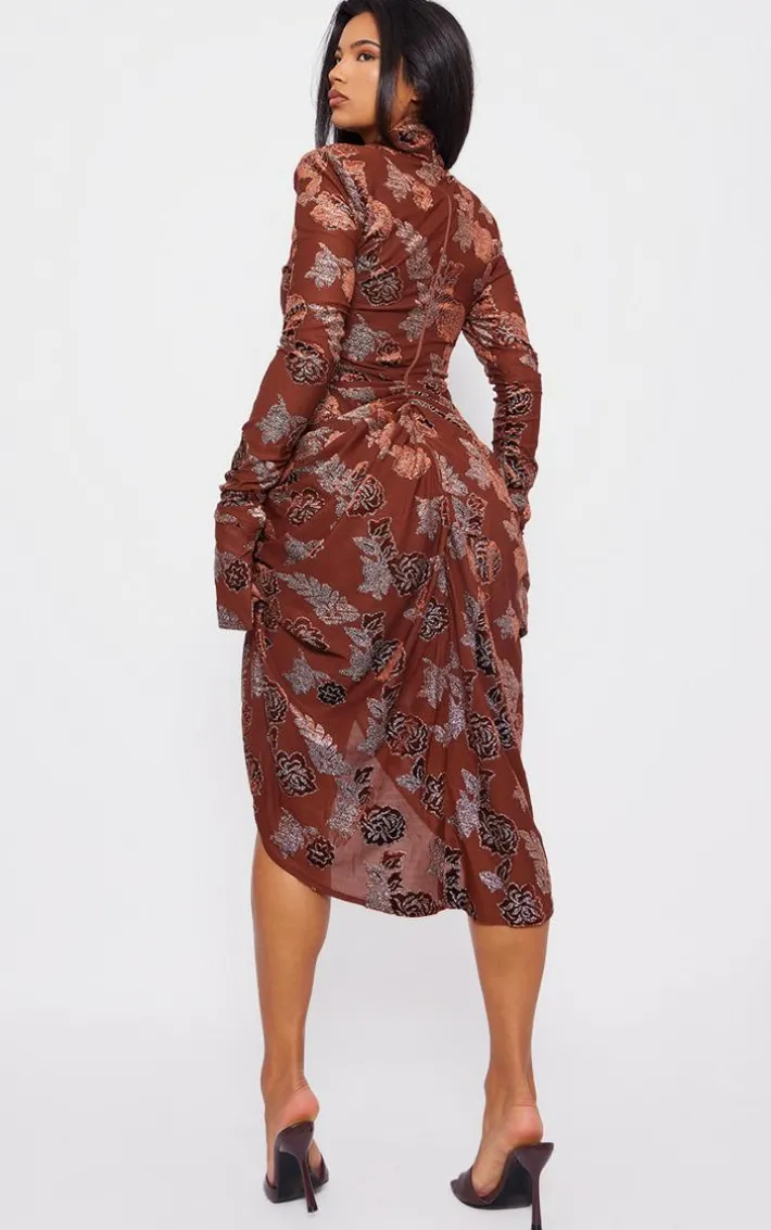 Brown Textured Glitter Velvet Devore High Neck Draped Midi Dress