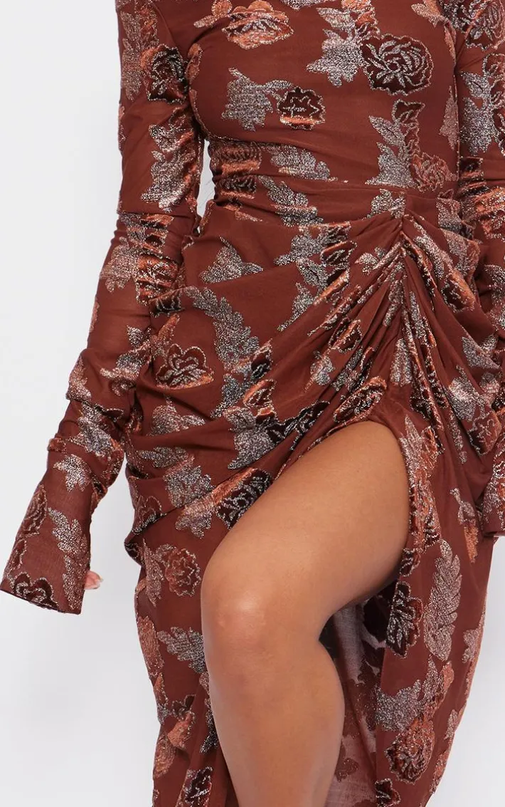 Brown Textured Glitter Velvet Devore High Neck Draped Midi Dress