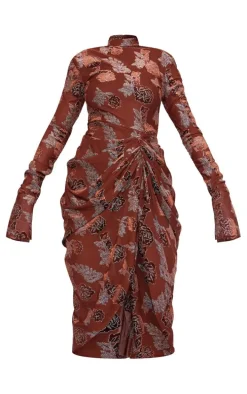 Brown Textured Glitter Velvet Devore High Neck Draped Midi Dress