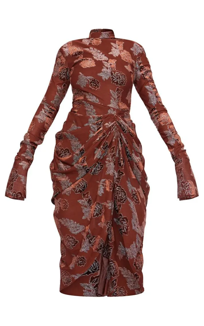 Brown Textured Glitter Velvet Devore High Neck Draped Midi Dress