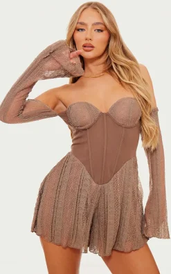Brown Textured Lace Corset Detail Long Sleeve Romper