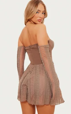 Brown Textured Lace Corset Detail Long Sleeve Romper