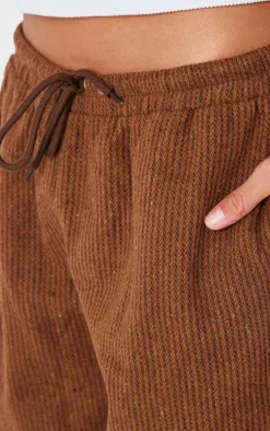 Brown Textured Low Rise Drawstring Straight Leg Pants