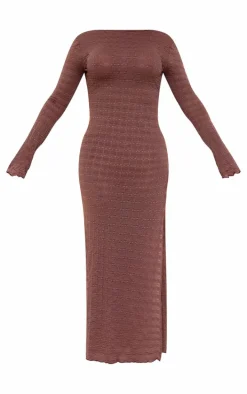 Brown Textured Mesh Scoop Back Flare Sleeve Maxi Dress