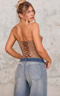 Brown Textured Sheer Floral Lace Corset