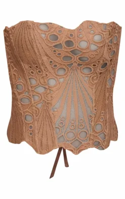 Brown Textured Sheer Floral Lace Corset