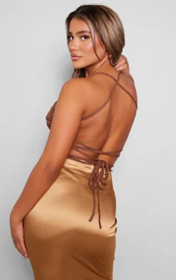 Brown Textured Woven Lace Up Back Top