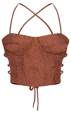 Brown Textured Woven Lace Up Back Top