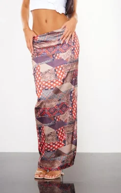 Brown Tie Dye Printed Satin Low Rise Maxi Skirt