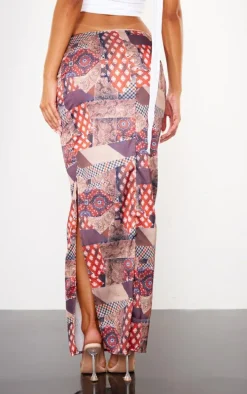 Brown Tie Dye Printed Satin Low Rise Maxi Skirt