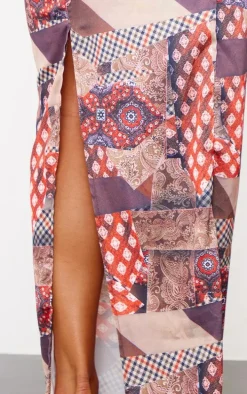 Brown Tie Dye Printed Satin Low Rise Maxi Skirt