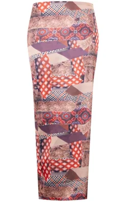 Brown Tie Dye Printed Satin Low Rise Maxi Skirt