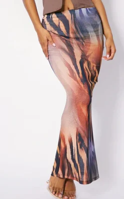 Brown Tiger Print Burnout Mesh Low Rise Maxi Skirt
