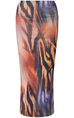 Brown Tiger Print Burnout Mesh Low Rise Maxi Skirt