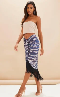 Brown Tiger Print Tassel Hem Midi Skirt