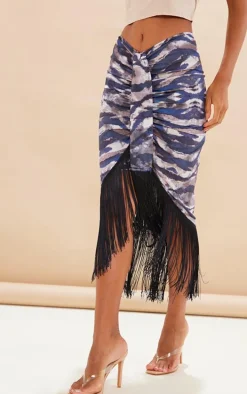 Brown Tiger Print Tassel Hem Midi Skirt