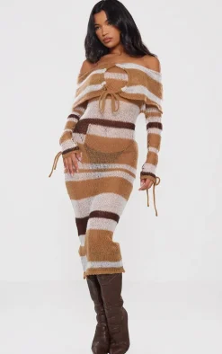 Brown Tonal Soft Knit Foldover Tie Detail Bardot Maxi Dress