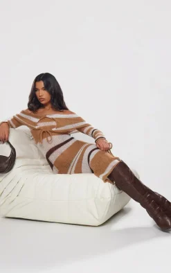 Brown Tonal Soft Knit Foldover Tie Detail Bardot Maxi Dress