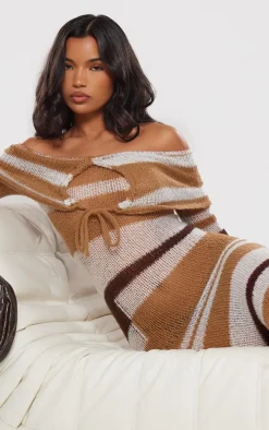 Brown Tonal Soft Knit Foldover Tie Detail Bardot Maxi Dress