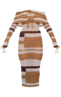 Brown Tonal Soft Knit Foldover Tie Detail Bardot Maxi Dress