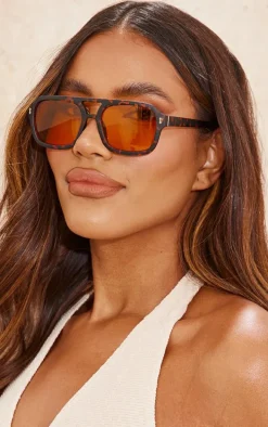 Brown Tort Frame Orange Smoke Lens Aviator Sunglasses