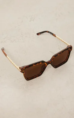 Brown Tortoise Metal Arm Detail Squared Sunglasses