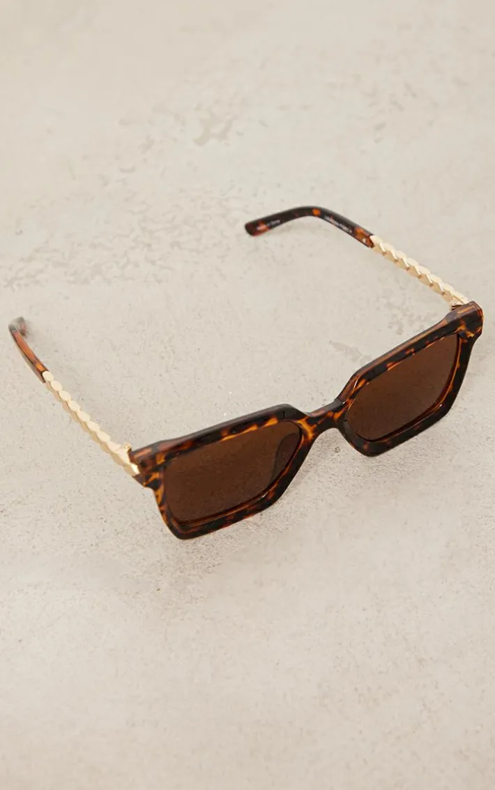 Brown Tortoise Metal Arm Detail Squared Sunglasses