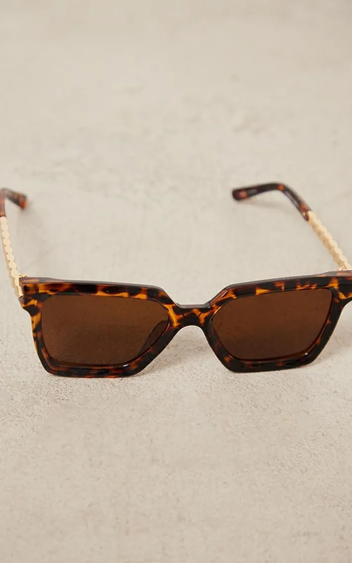 Brown Tortoise Metal Arm Detail Squared Sunglasses