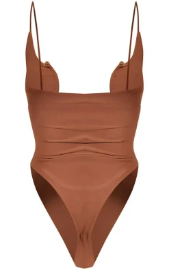 Brown Trim Detail Plunge High Leg Swimsuit