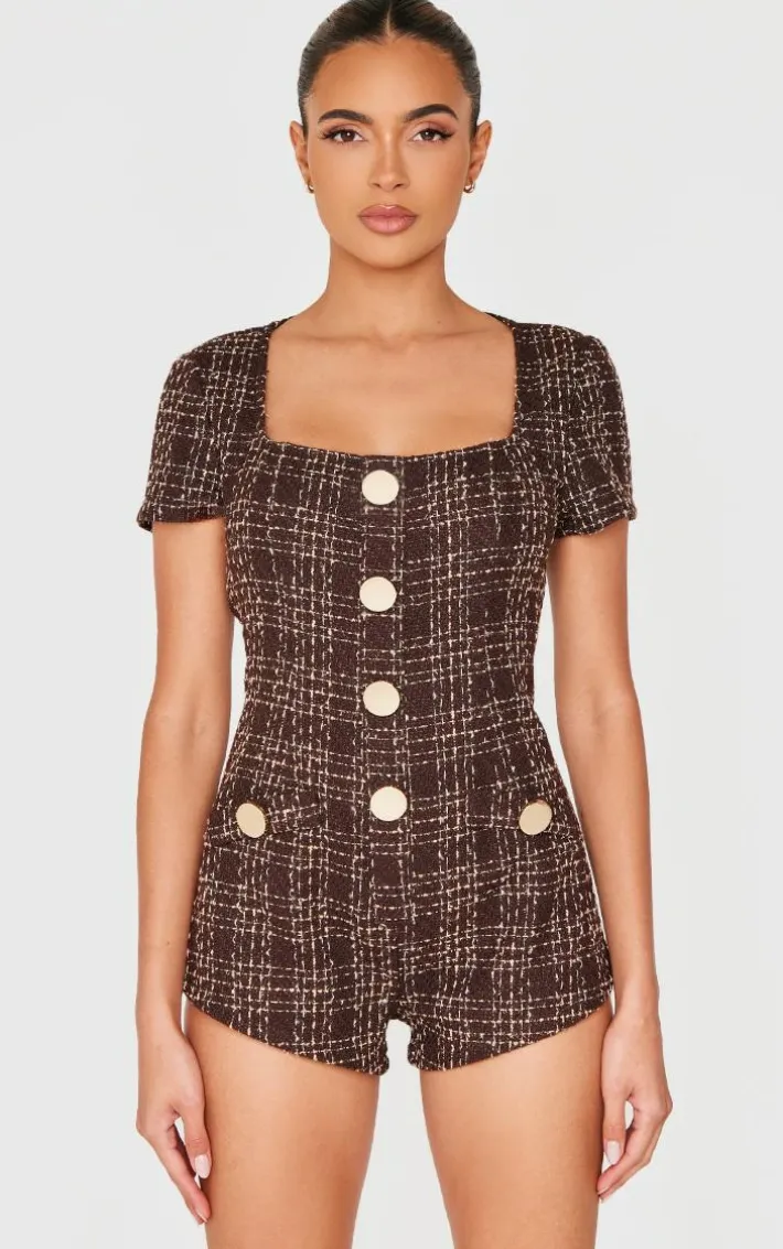Brown Tweed Short Sleeve Button Detail Romper