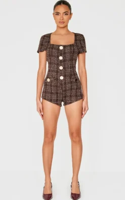 Brown Tweed Short Sleeve Button Detail Romper