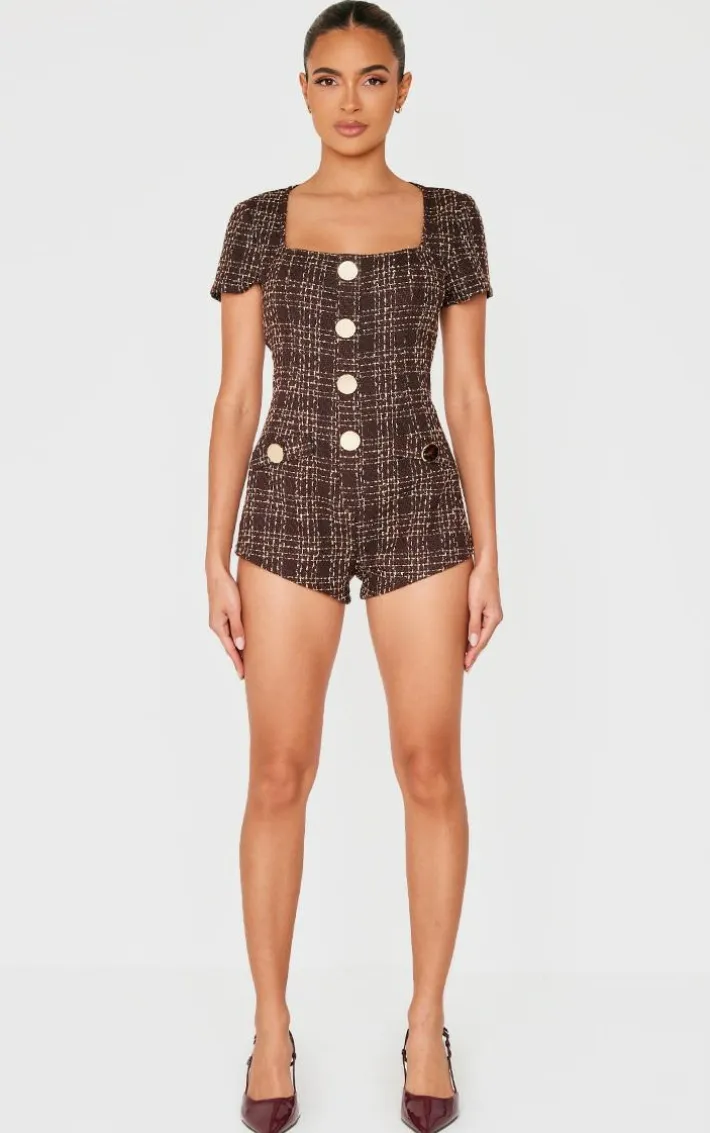 Brown Tweed Short Sleeve Button Detail Romper