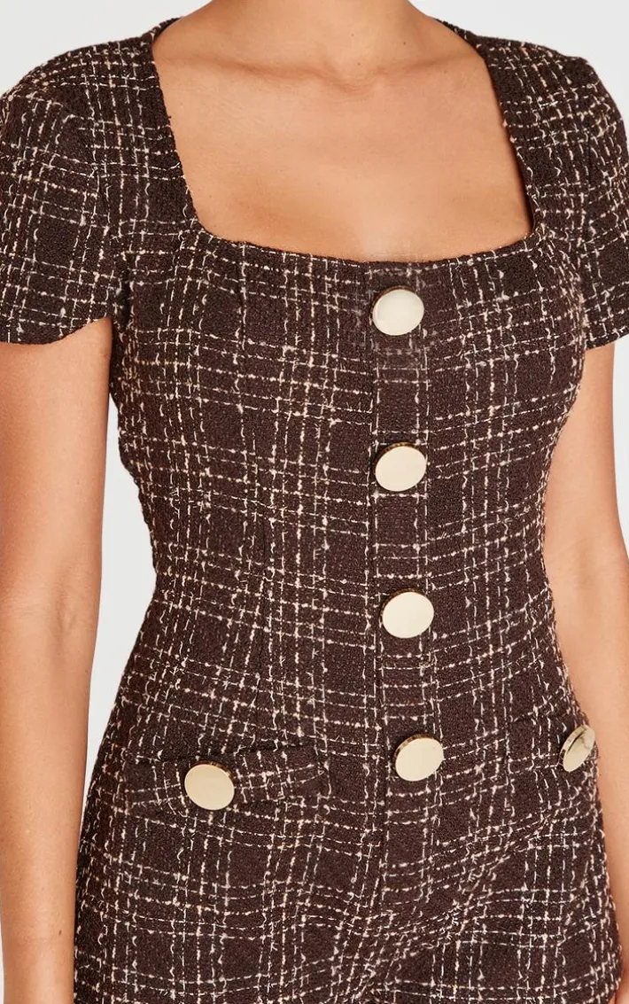 Brown Tweed Short Sleeve Button Detail Romper