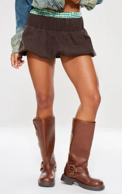 Brown Twill Low Rise Puffball Mini Skirt