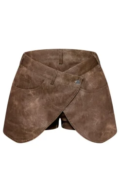 Brown Twill Washed Crossover Mini Skirt