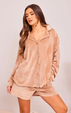 Brown Velour Button Up Pajama Shirt