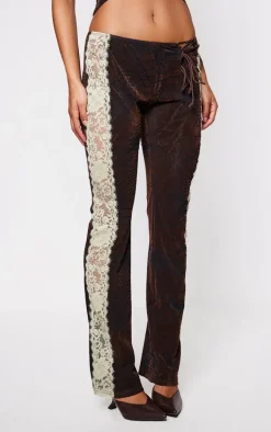 Brown Velvet Devore Lace Detail Pants