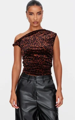 Brown Velvet Leopard Printed Asymmetric Shoulder Detail Long Top