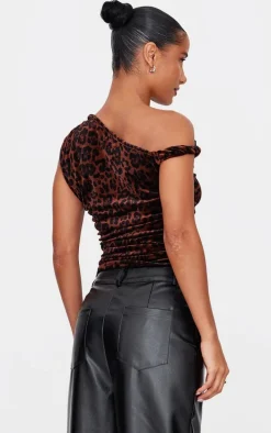 Brown Velvet Leopard Printed Asymmetric Shoulder Detail Long Top