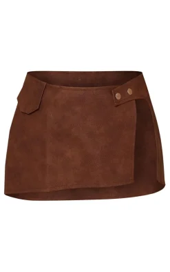 Brown Washed Faux Leather Button Front Micro Mini Skirt